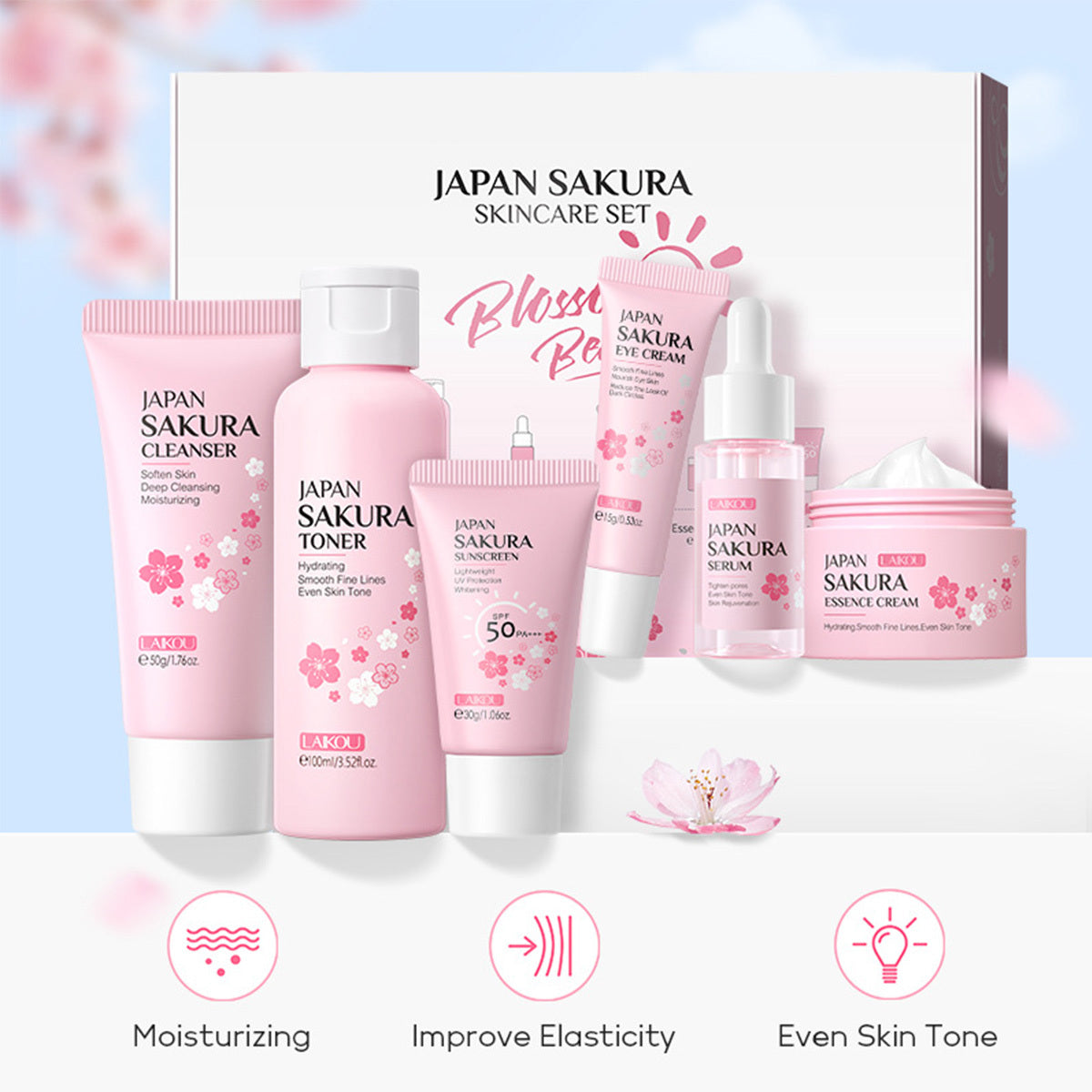 Japan Sakura Skin Care Set – 6-Piece Women’s Beauty Gift Kit with Cleanser, Toner, Serum & More, TSA-Friendly Travel Sizes - Loxvira