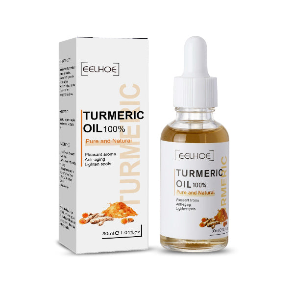 Turmeric oil bottle and packaging with 'Eelhoe' branding on a white background