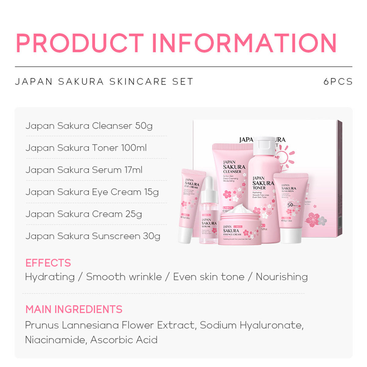 Japan Sakura Skin Care Set – 6-Piece Women’s Beauty Gift Kit with Cleanser, Toner, Serum & More, TSA-Friendly Travel Sizes - Loxvira