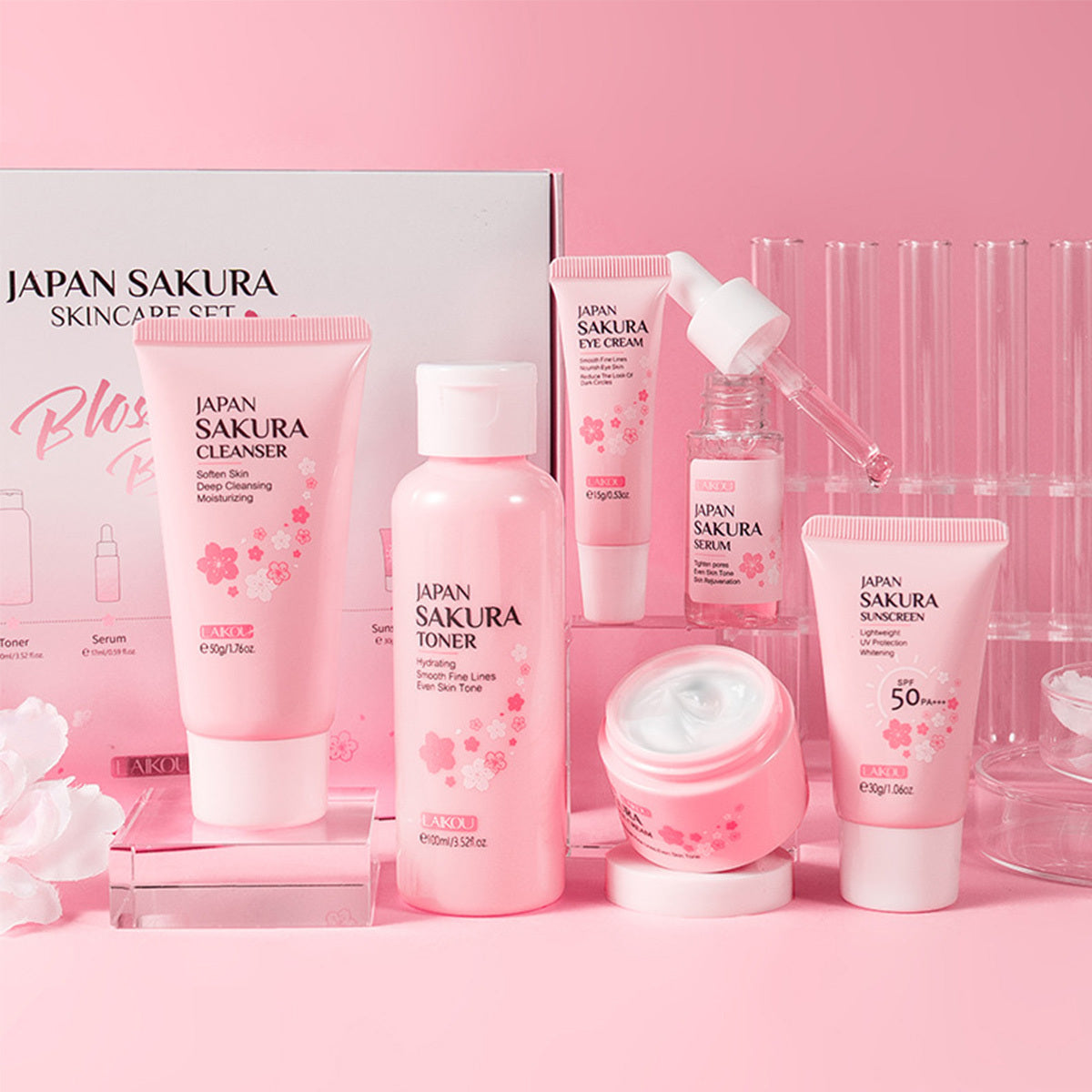 Japan Sakura Skin Care Set – 6-Piece Women’s Beauty Gift Kit with Cleanser, Toner, Serum & More, TSA-Friendly Travel Sizes