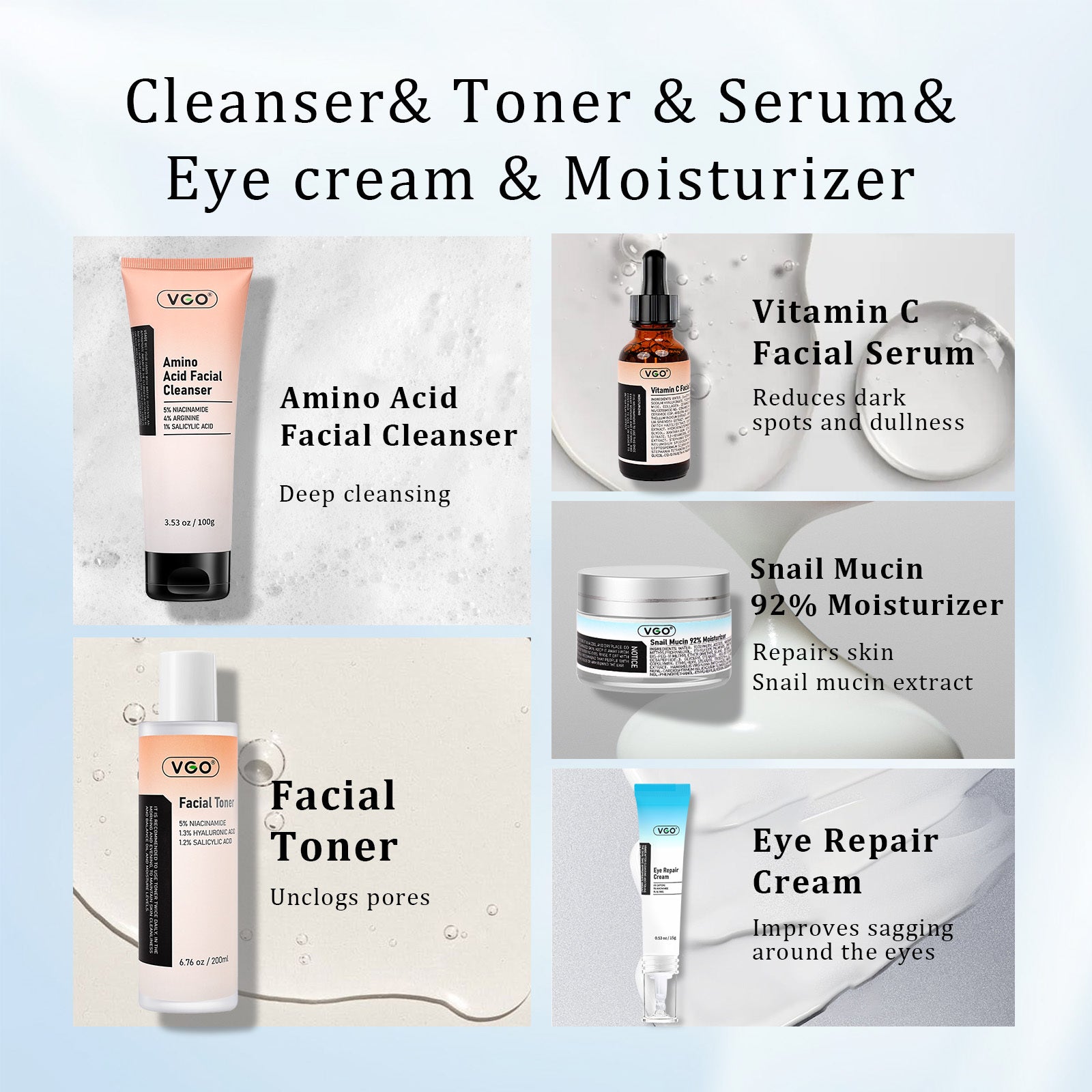 SKINCARE 5-STEP ROUTINE CLEANSER - TONER - SERUM -EYE CREAM - MOISTURIZER - Loxvira